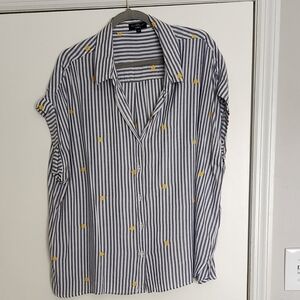 Blue and White Striped Shirt with Yellow Embroidery